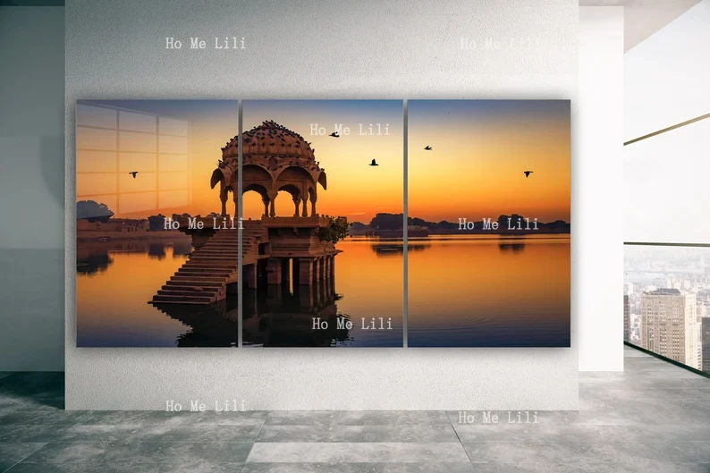 Pavilions And Flying Geese At Sunset 3 Pieces Wall Art Hangings Housewarming Gift Christmas