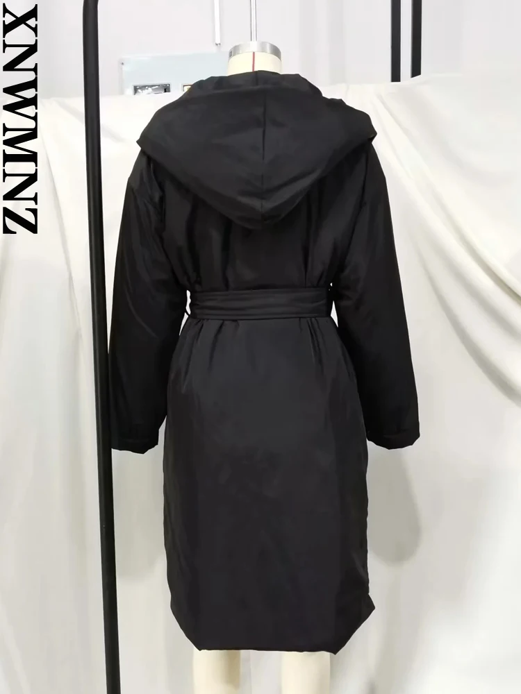 XNWMNZ Women Fashion Black Belt Thick Warm Hooded Padded Coat Vintage Long Sleeve Side Pockets Female Outerwear Chic Overcoat