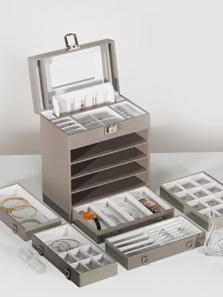 Luxury Multi Layer Jewelry Storage Box Organizer Large Capacity Jewelry Storage Box Organizer for Girl with Lock Genuine Leather