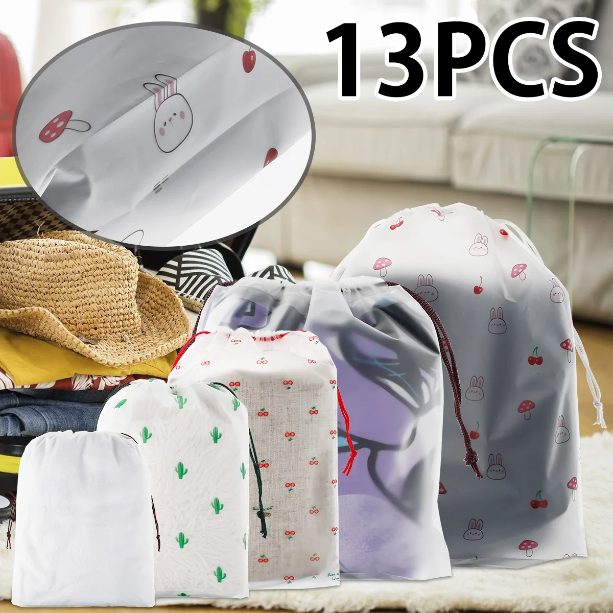 

NewDrawstring Clear Bag 13Pcs Frosted Multiple-Sized Drawstring Gift Pouch with Cute Patterns Dust-Proof Drawstring Clear Bag