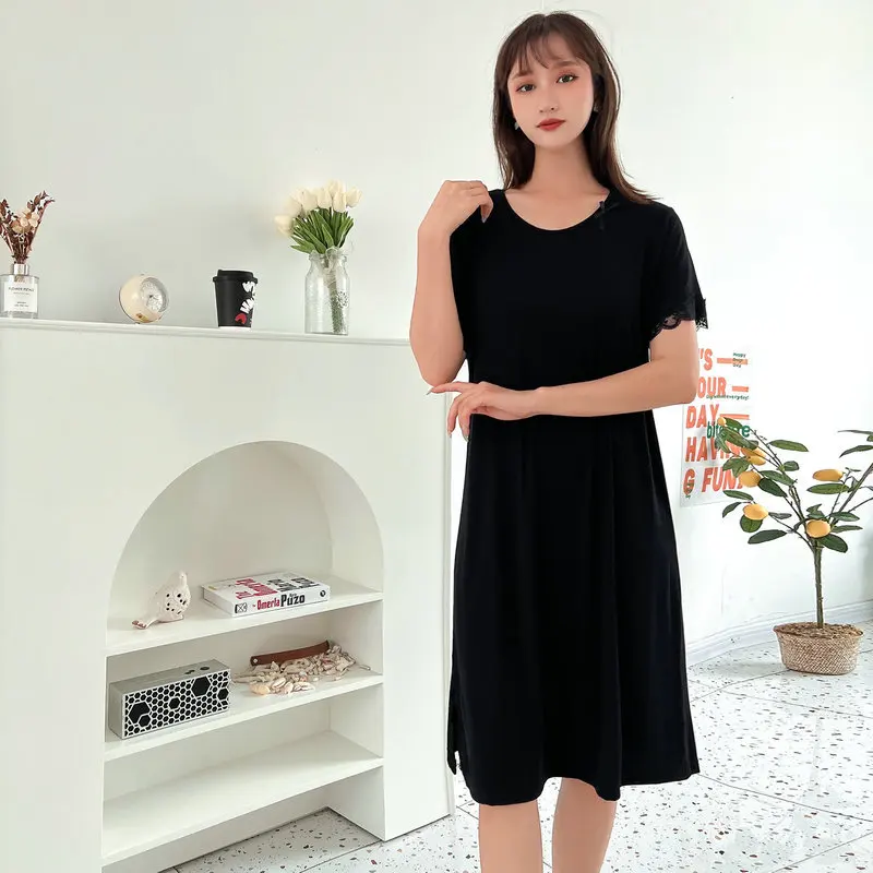 Modal Sleeping Nightshirt Women Spring Summer Nightgowns New Large Size Lace Night Dress Casual Loose Female Nightwear Dresses