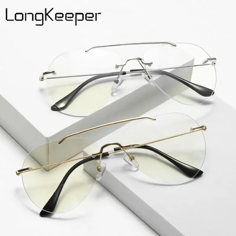 

Long Keeper Rimless Anti Blue Light Glasses for Men Women Double Beam Pilot Frameless Computer Vision Care Ray Filter Eyeglasses