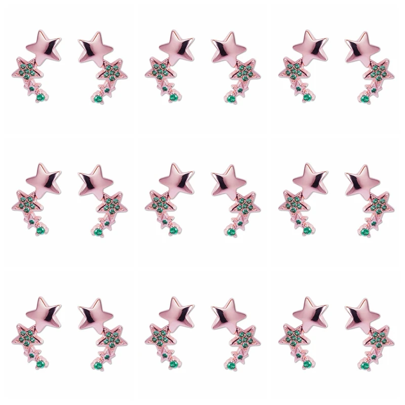 

9 Pairs Star Stud Earrings Wholesale Green Crystals Piercing Rock Earings for Women Rose Gold Color Trend Jewelry Girls Gifts