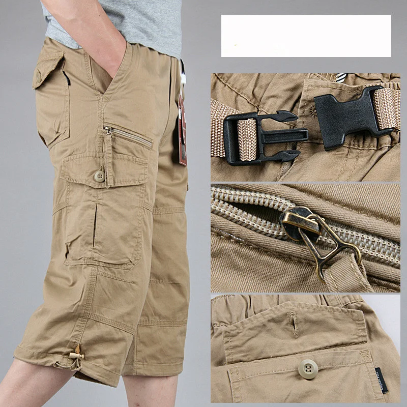 Шорты-карго мужские длинные в стиле милитари, хлопковые повседневные штаны с множеством карманов, армейские бриджи, лето