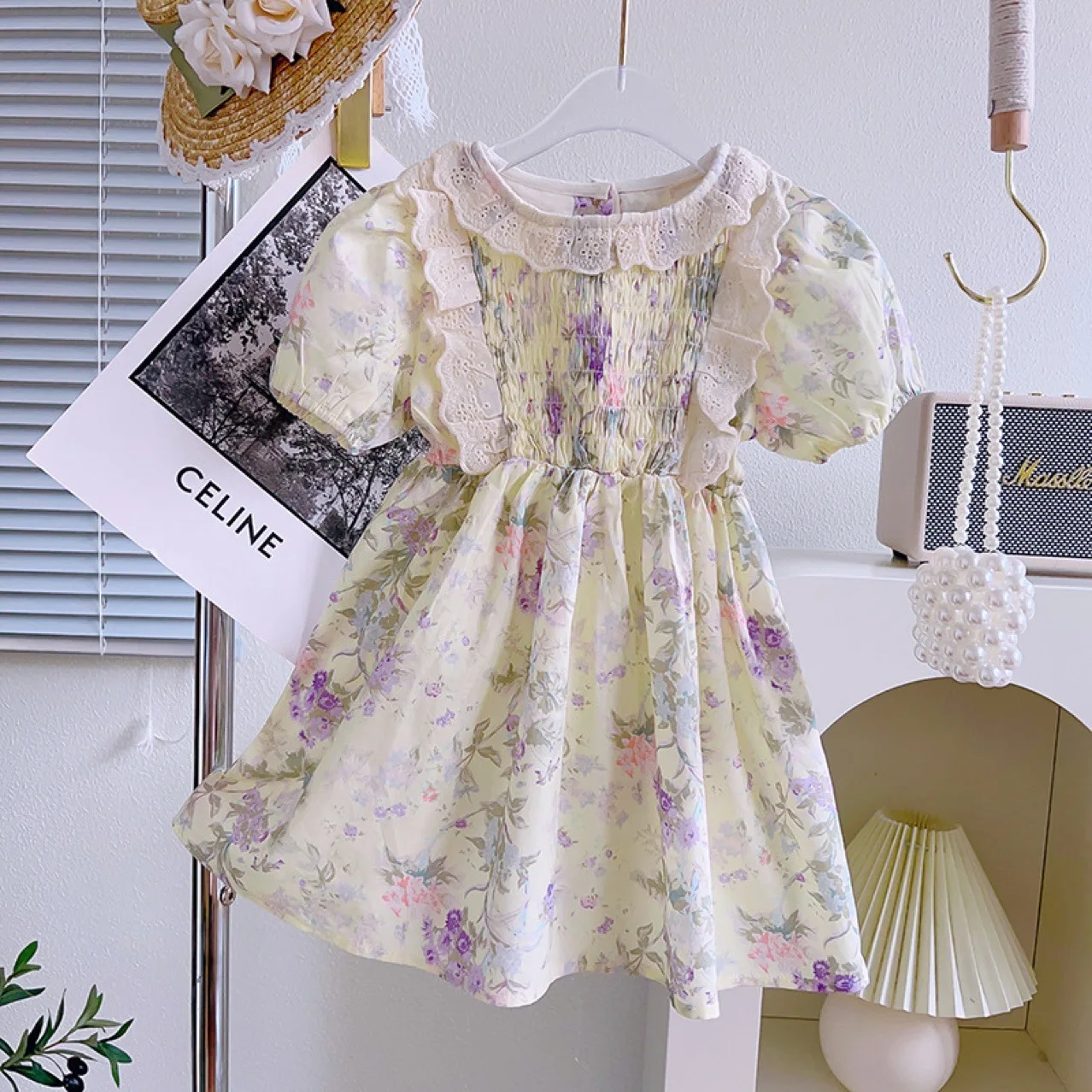 

2023 Korean Boutique Design Summer Dress for Kids Girl Infants Smocked Floral Dresses Junior Girls Smocking Printed Clothes Wear