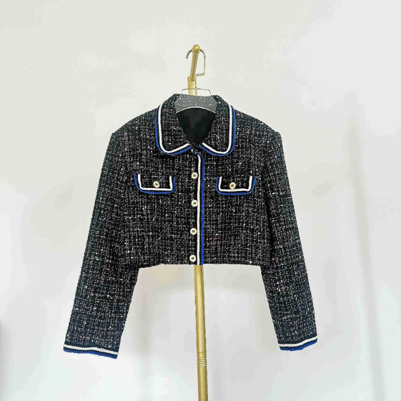 

2023 Early Autumn New Women Color Contrasting Lapel Tweed Short Jacket / Skirt