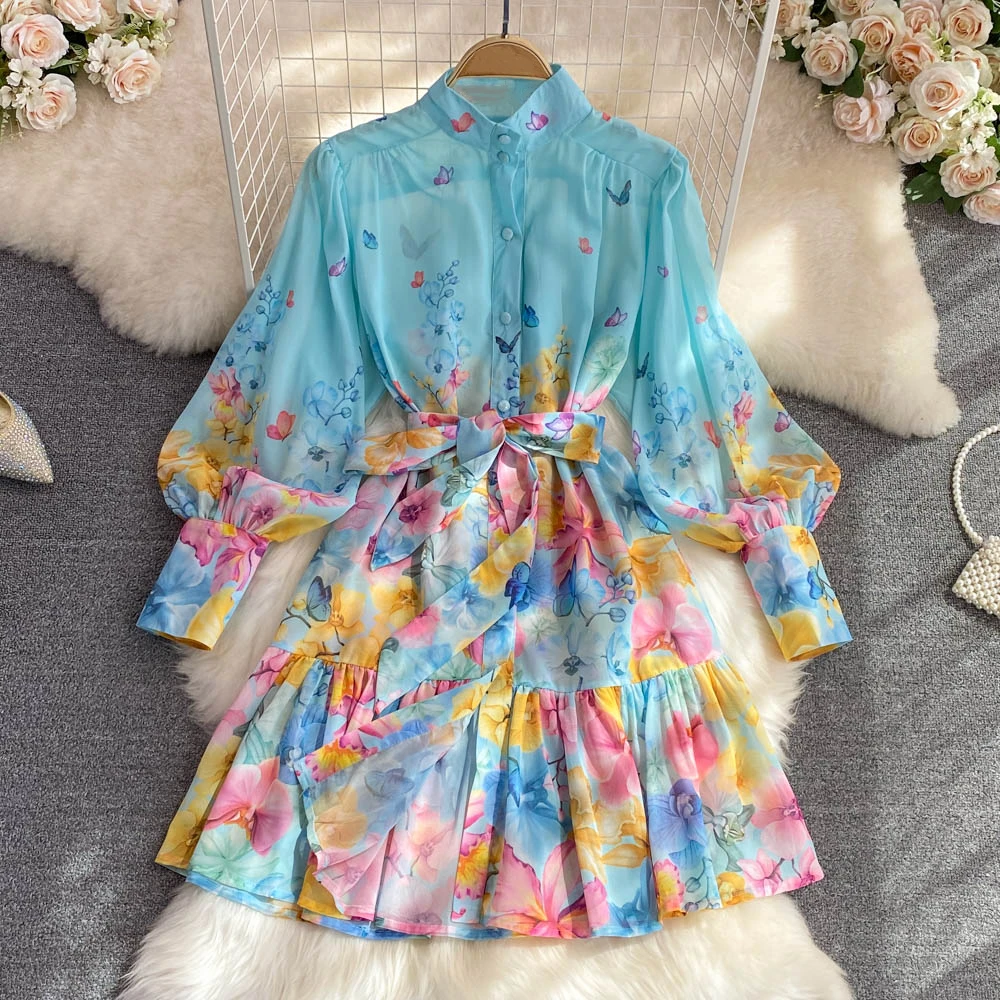 

Clothland Women Elegant Floral Shirt Dress Long Lantern Sleeve Bow Tie Sashes Sweet Casual Mini Vestidos Mujer LA508