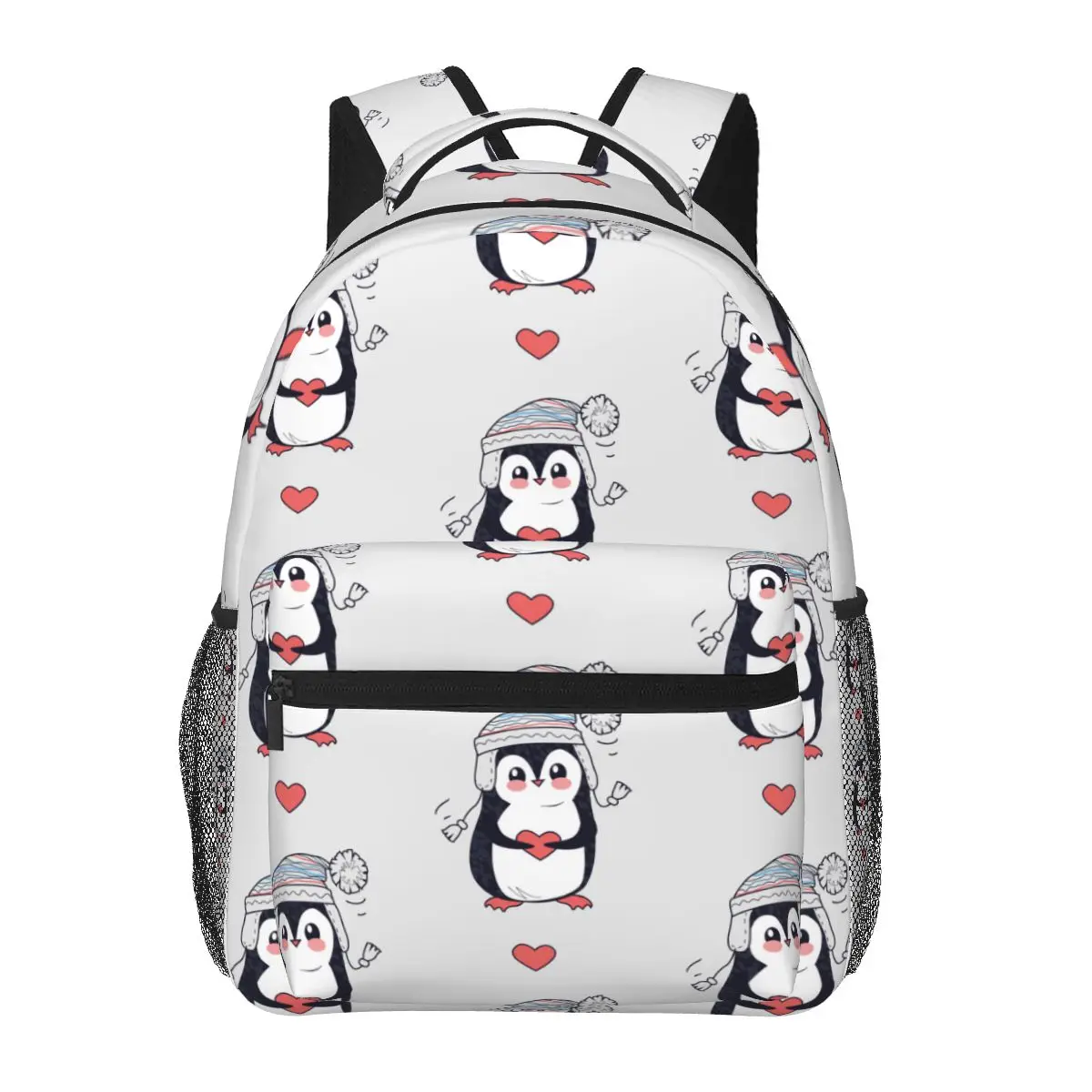 

Fashion School Backpack Cute Penguin In Warm Hat With Pompon Holding Heart Bagpack Teenger Girl Boy School Bag Mochila