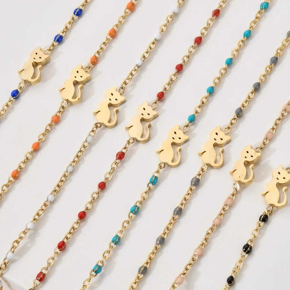 

ZMZY 8PCS/Set Lots Mixed Boho Enamel Chain Stainless Steel Dainty Cat Charm Bracelet For Women Wholesale Jewelry Femme