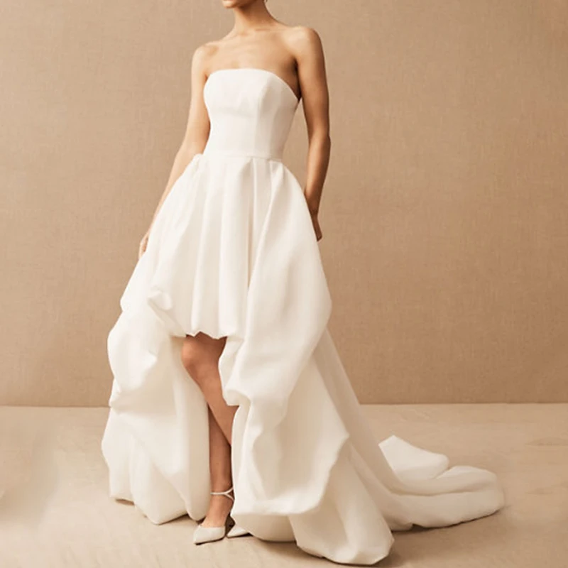 

Classic Long Strapless Taffeta Wedding Dresses High Low Sleeveless Sweep Train vestido de novia Bridal Gowns for Women