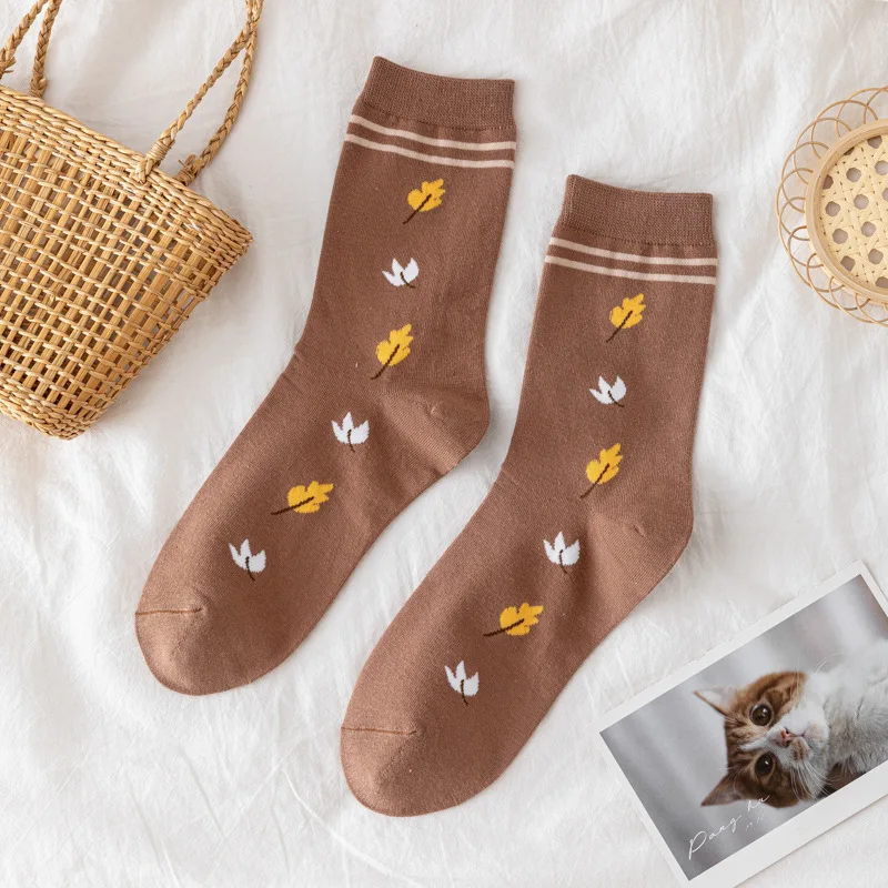 10 Pairs Coffee Color Women Sock Cotton Thin Summer Fashion Flower Design Japanese Carton Student Style