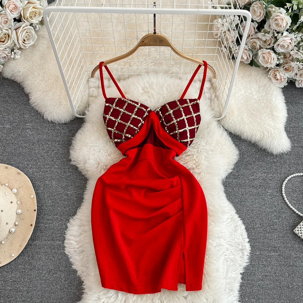 

Chic Mesh Patchwork Hollow Out Slip Dress Sexy Backless Elegant Evening Party Robe Women Vintage Slim Mini Ceremonial Dress