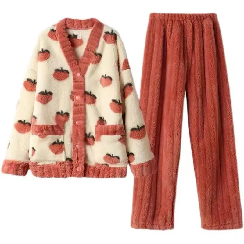 Sleepwear women's coral velvet winter plush flannel thickened winter new autumn and winter home clothing set