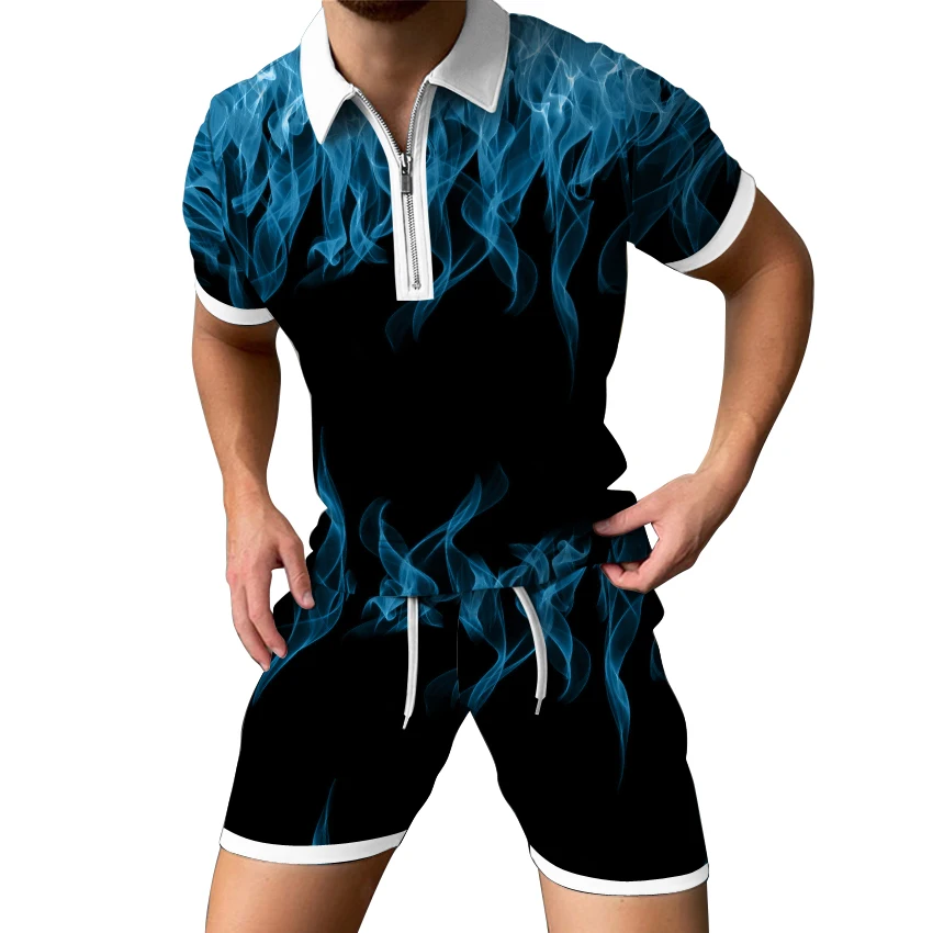 

2022 New Men's Suit 3D Color Stitching Printing Summer Short-Sleeved Polo Shirt + Shorts Social Fashion Two-piece Vetement Homme