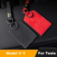 for tesla model 3 y suede key card holder case leather keychain car protective buckle model3 key ring bag chain anti scratch