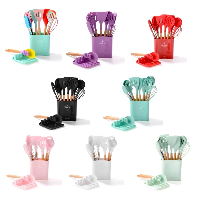 13Pcs Silicone Kitchen Cooking Utensils Set with Wooden Handle Holder Cookware