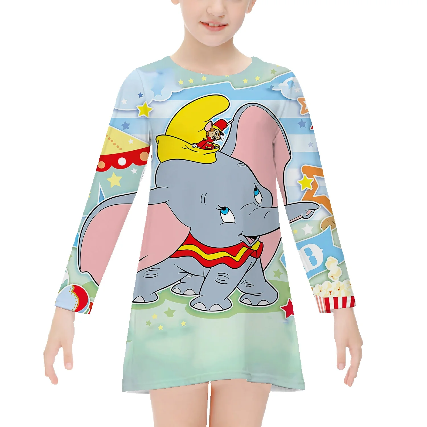 

Dumbo spring and autumn girls' full print long-sleeved cotton dress children's Disney princess dress girls