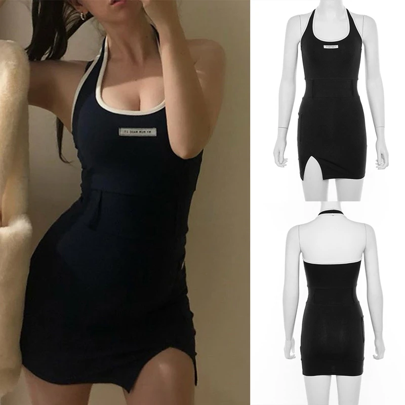 

New Women's Halter U-Neck Mid-Waist Split Dress Black