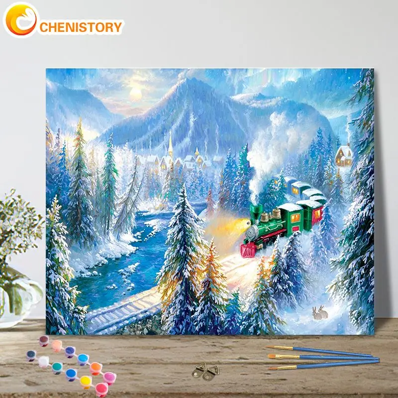 

CHENISTORY Paint By Numbers Winter Train Scenery Drawing On Canvas Gift Coloring By Number Kits Handpainted Art Home Decor