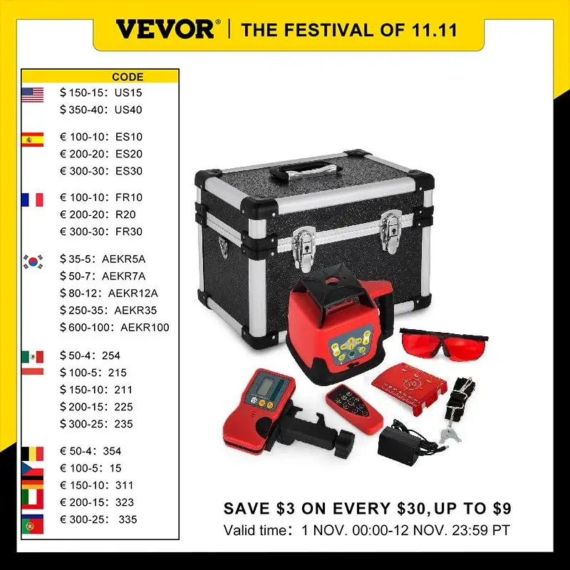 

VEVOR 360° Rotary Laser Level Kit Self-Leveling 500M Range Measurement Instruments Construction Tools for Outdoor Industry Use