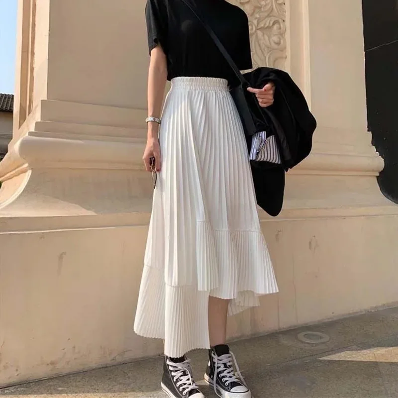 

2023 Lucyever White High Waist Pleated Skirt Women Korean Fashion Asymmetrical Ruffles Long Skirt New Summer A-line Midi Skirts