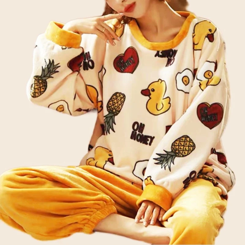 Women's Cozy Pajamas Set Flannel Pyjamas Cute Cartoon Print Homewear Full-Sleeve Long Pants 2Piece/Set Winter Sleepwear