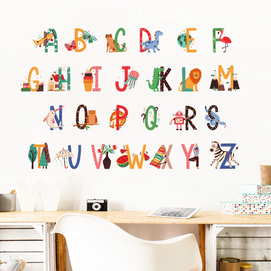 

Watercolor Colorful Cartoon Animal abc Alphabet Wall Stickers for Kids Room Baby Nursery Room Wall Decals Decor