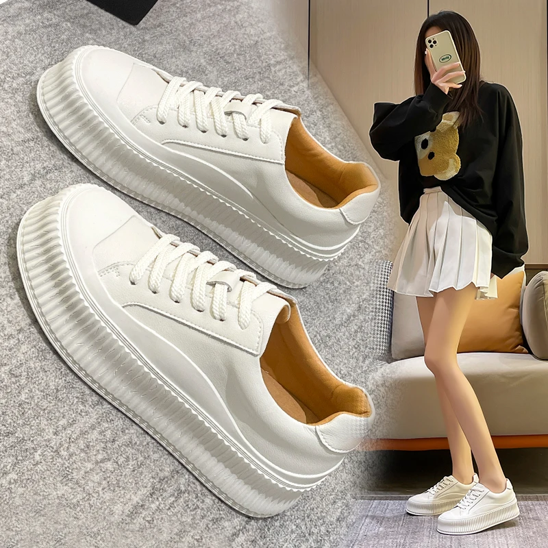 

Женские кроссовки из коровьей кожи, толстая подошва, криперы, на платформе, на шнуровке, Вулканизированная подошва, белые, весна