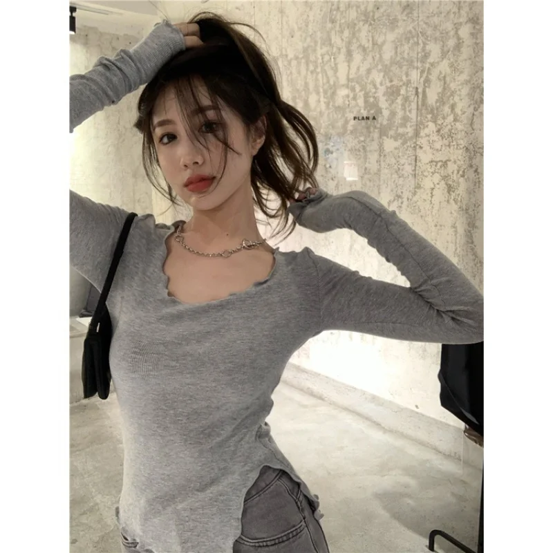 

Short Design Tight Slim Fit Bottoming Shirt Long Sleeve T-Shirt Women's Top