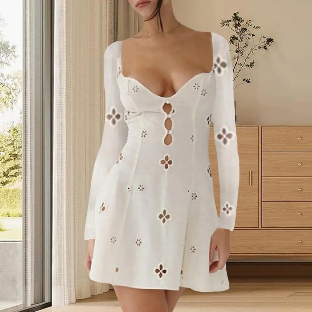 

Breathable Dress Elegant Floral Hollow Out Midi Dress for Women Slim Fit V Neck Party Dress with Soft Lady Vibes Summer Solid
