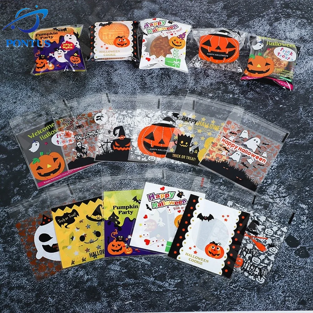 

100PCS Halloween Gift Bags Biscuit Candy Packaging Bag Ghost Festival Party Gift Snack OPP Ziplock Bag Happy Halloween Decor