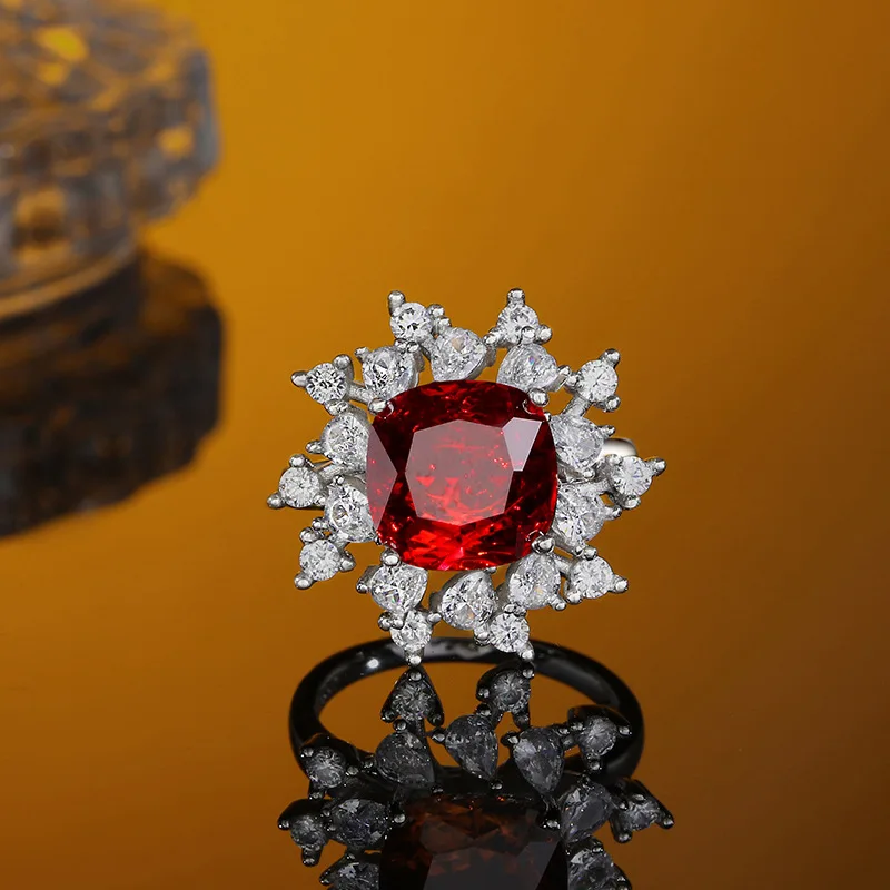 

Европейский и американский стиль S925 Стерлинговое Серебро Высокоуглеродистый бриллиант цветок рубин кольцо женское роскошное высококачественное свадебное ювелирное изделие