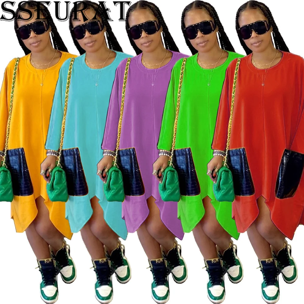 

Женское Повседневное платье-миди SSEURAT, однотонное простое свободное платье составного кроя с рукавами «летучая мышь» и круглым вырезом, лет...