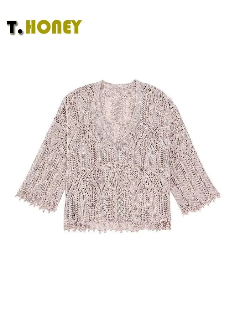

TELLHONEY Women Fashion V-Neck Jacquard Mesh Knitted Tops Female Casual Long Sleeves Hollow Out Chic Khaki Pullover
