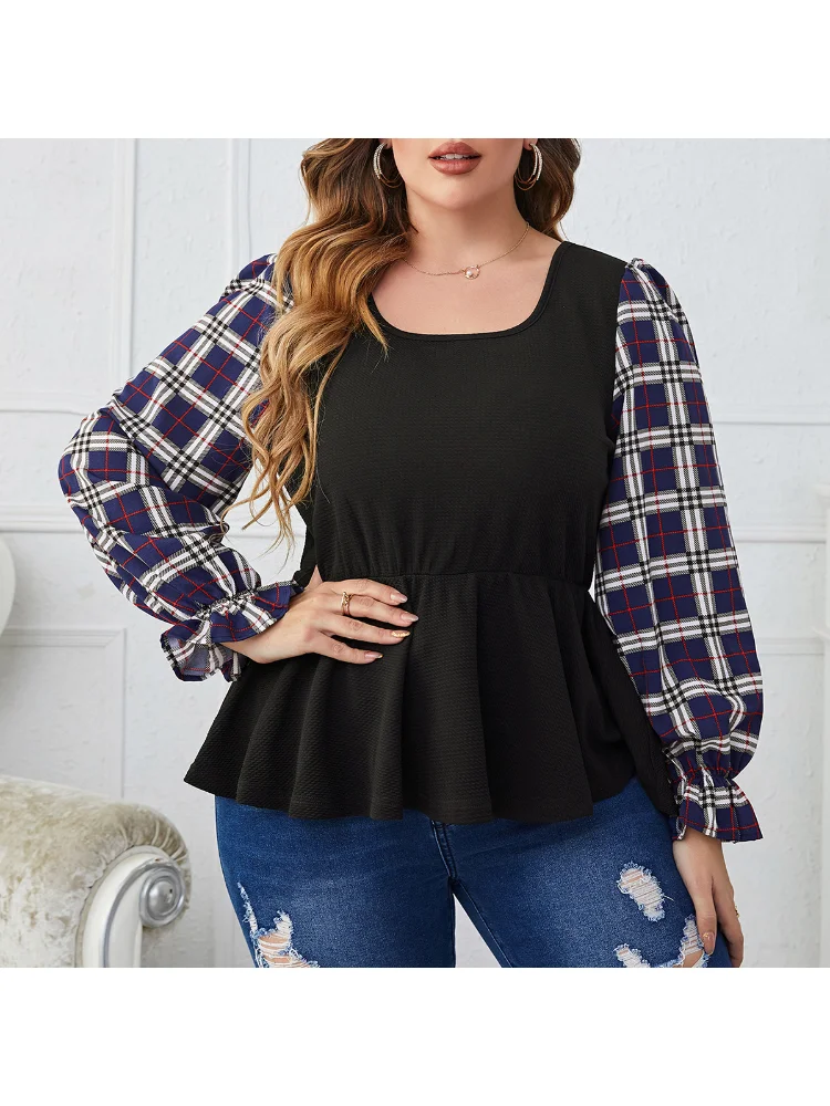 Spliced plaid long sleeved oversized slim fitting women's top plus size women clothing  blusas  plus size feminino