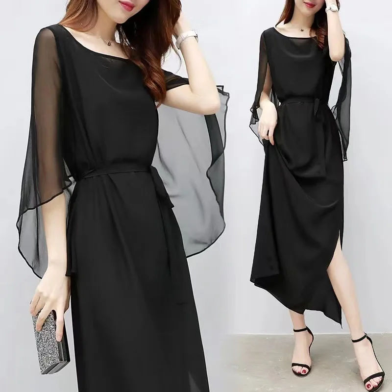 

New Temperament Celebrity Long Dress Summer Chiffon Women's Slim Fit Split Black Skirt