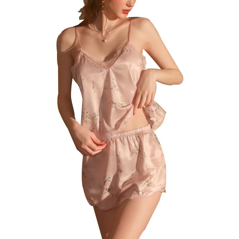 Comfortable Pajamas Sexy Print Deep V Sling Top Shorts Women's Homewear Set Ladies Large Size Lingerie Sleepwear