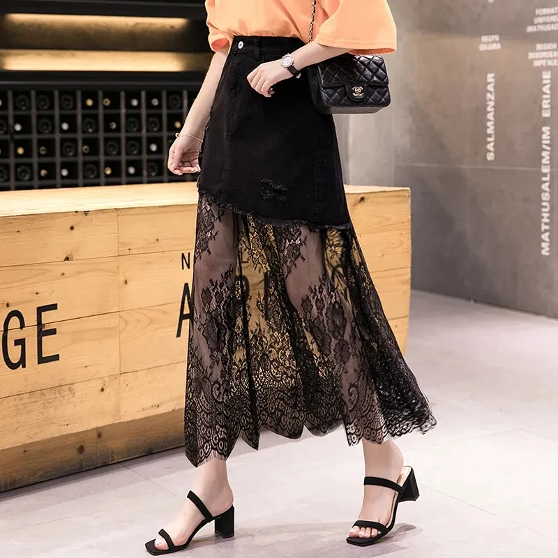 

Fashion Ripped Jean Black Skirts Summer Tulle Lace Patchwork High Waist Harajuku Denim Skirt Slim Skirts Faldas Jupe Femme