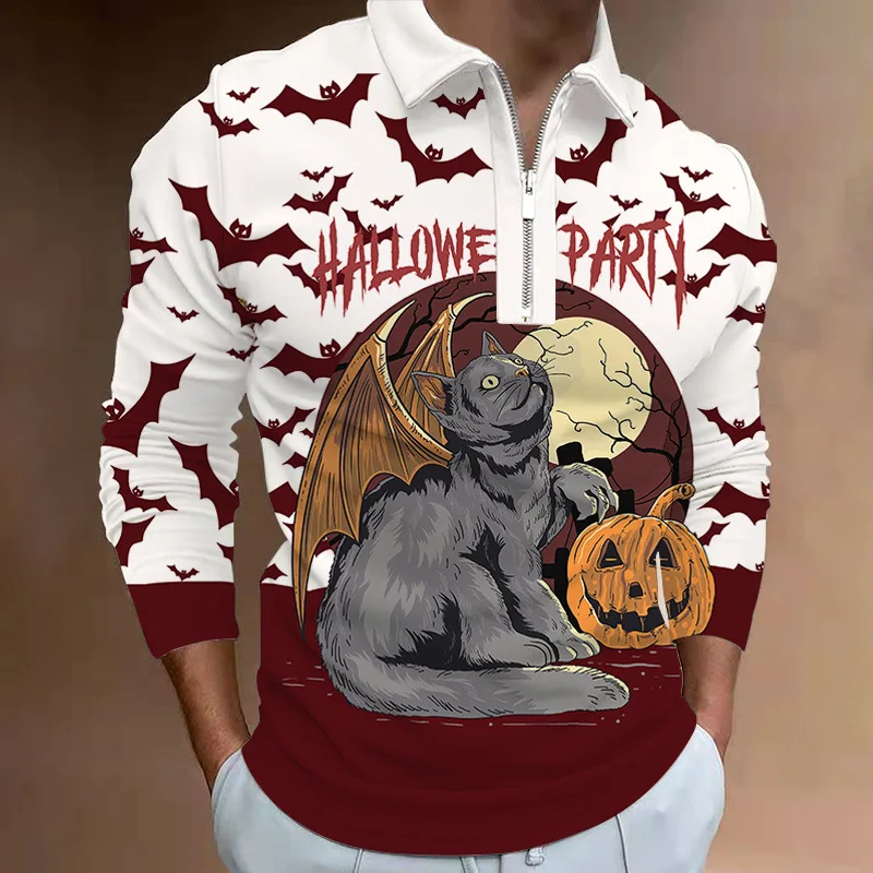 

S-5XL Men's Casual Autumn Long Sleeve Polo Shirts Men Male Zip Tee Shirt Halloween Men Tops Street Golf Clothing Clothes For Men