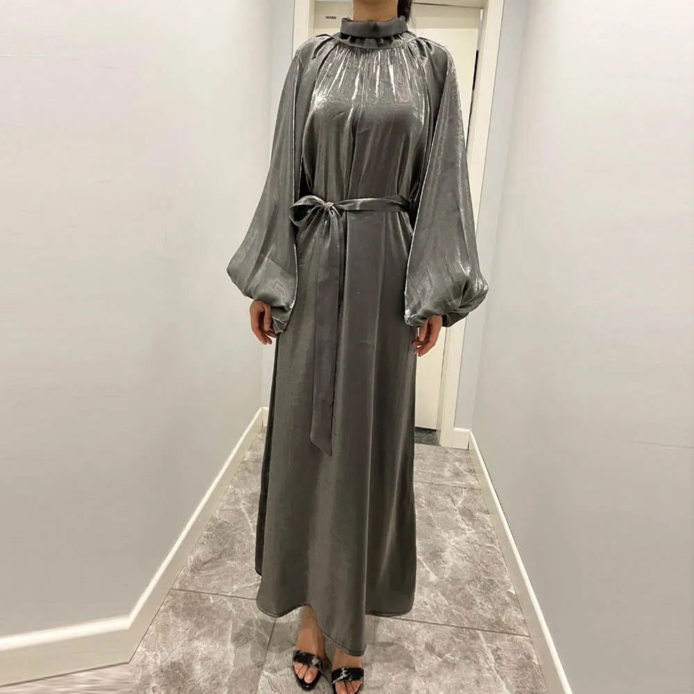 Women Abaya High Quality Modest Maxi Dress Lantern Sleeve Silk Islamic Clothing Robe Glitter Satin Dubai Turkey Kaftan
