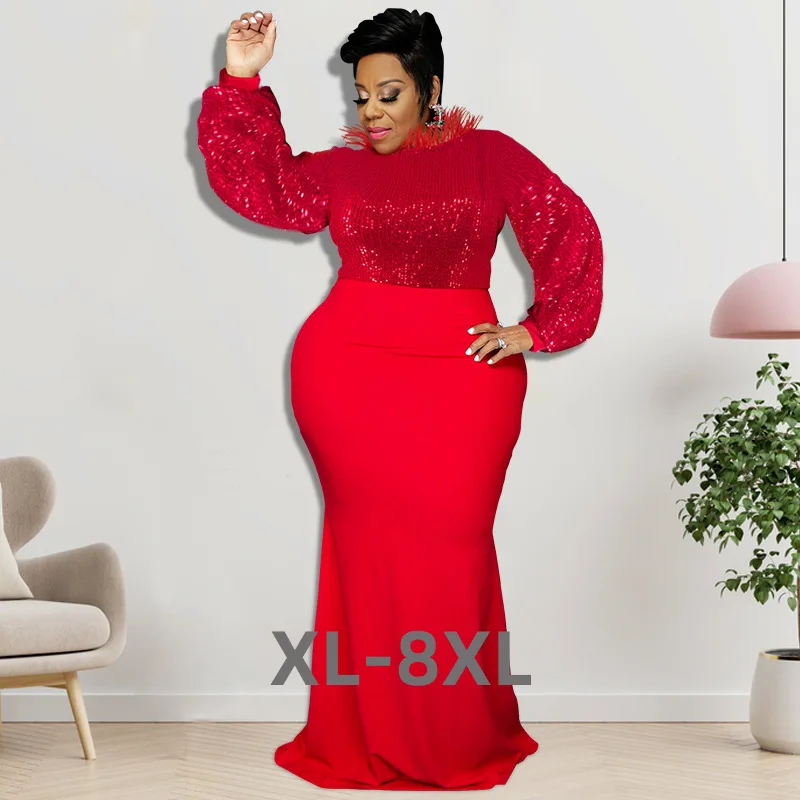 

Plus Size Women Clothing Temperament Dresses Embroidery Sequined Beads Maxi Dress Elegant Trumpet Dresses Who 3xl 4xl 5xl 6xl