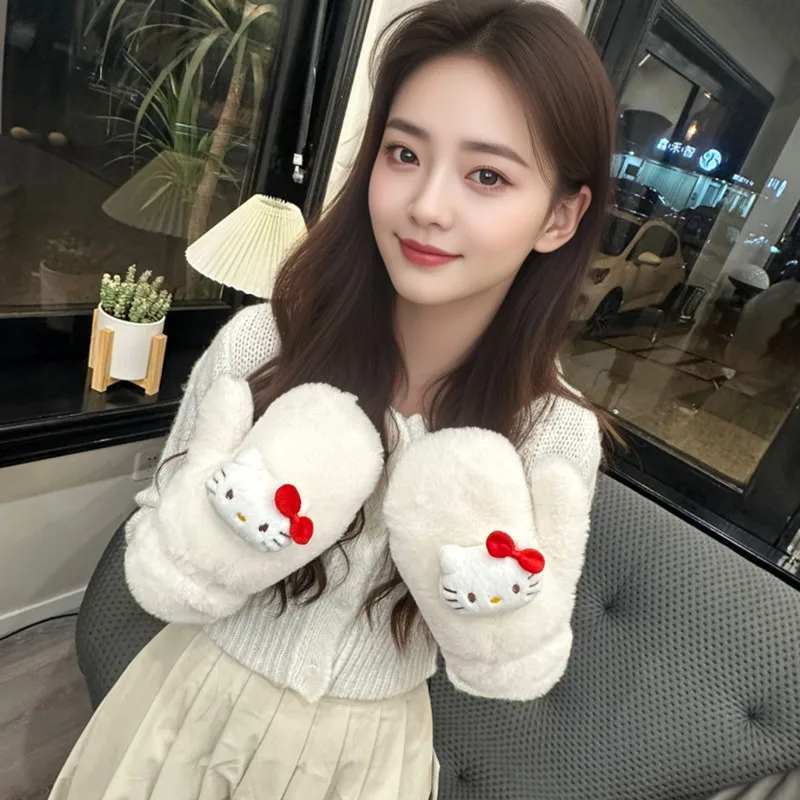 

Милые плюшевые перчатки в стиле Ins, с рисунком из мультфильма Хелло Китти, зимние ветрозащитные теплые утепленные студенческие перчатки для верховой езды