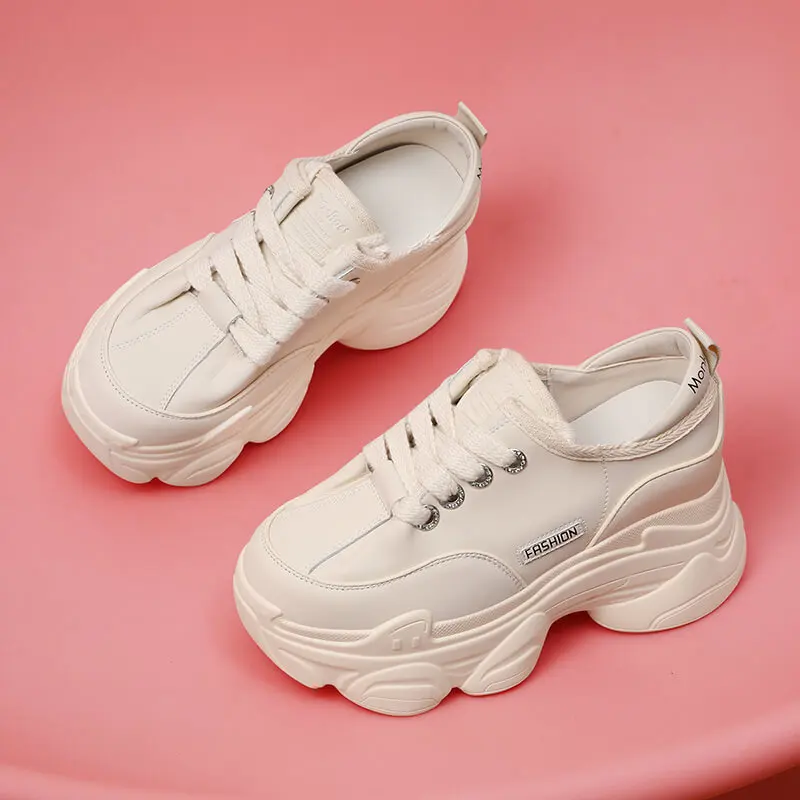 Autuspin Brand Designer 8cm High Wedges Women Shoes Fashion Genuine Leather Vulcanized Sneakers Ladies Chunky Platform Red Color