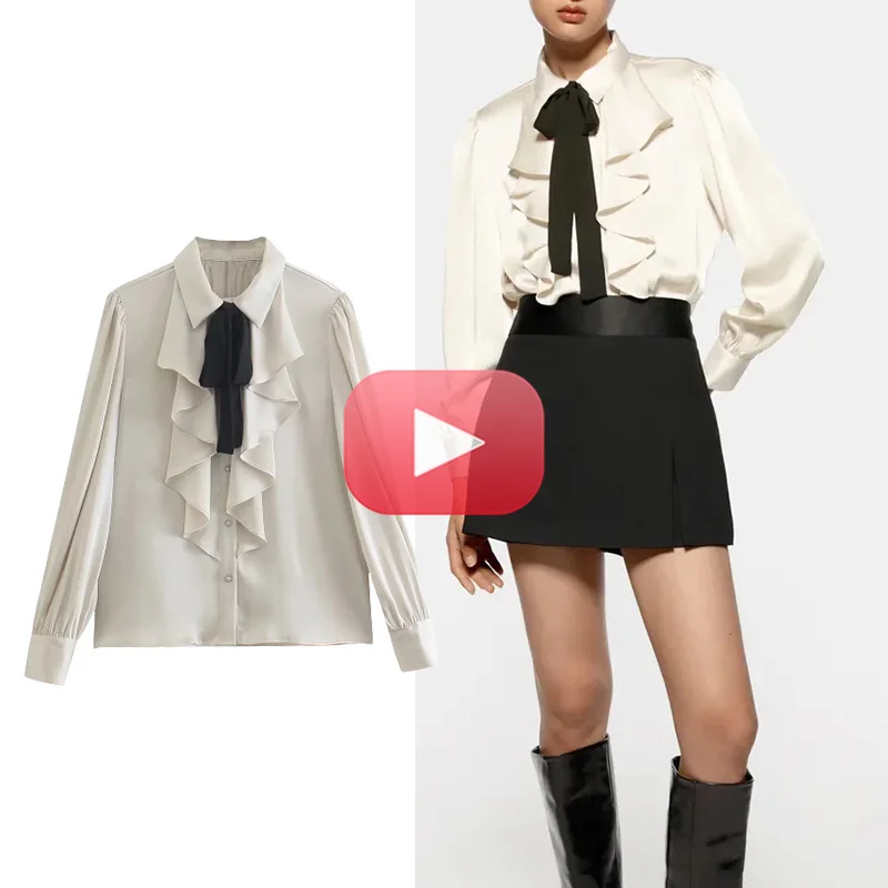 

TRAF Za 2021 Women Shirt Autum New Bowknot Silk Satin Texture Blouses Women Casual Fashion Long Sleeve Shirts Woman Tops