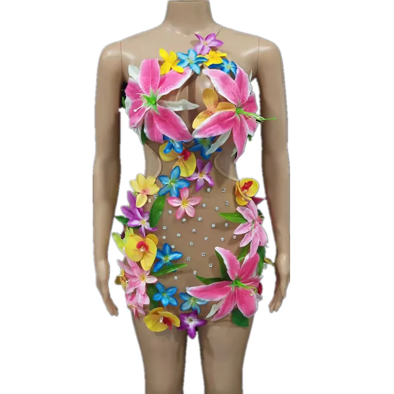 

Модное пикантное платье стразы с цветами Сетчатое прозрачное женское платье для выпускного вечера празднования дня рождения сценического представления костюм