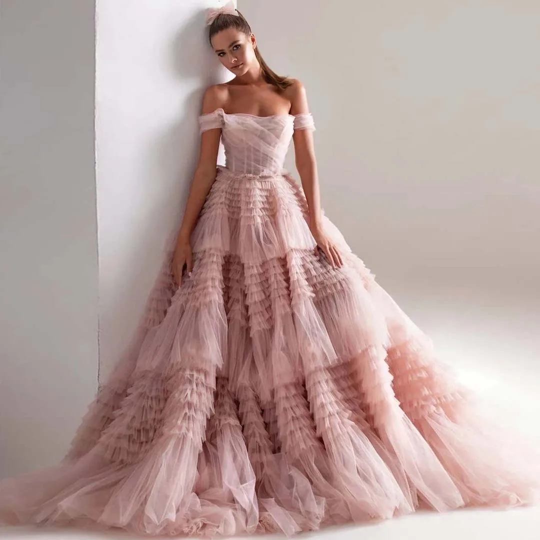 

Enchanting Blush Pink Fluffy Tiered Tulle Prom Gowns Puffy Tiered Tulle Formal Party Dresses Pretty Mesh Bridal Dress