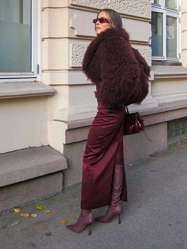 Зимние роскошные бордовые свободные шубы с длинными рукавами женские модные