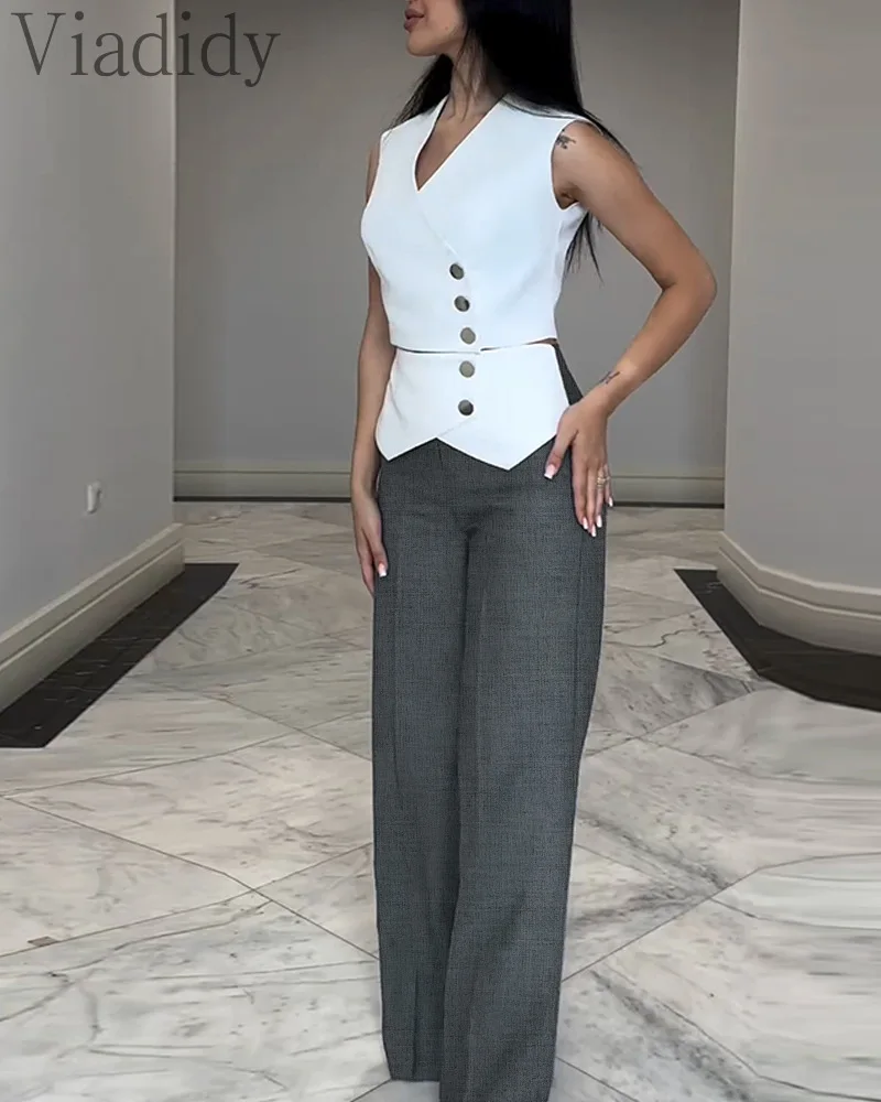 Женский элегантный топ на пуговицах с V-образным вырезом и прямые брюки высокой