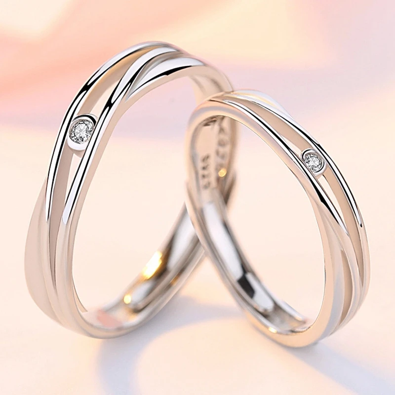 

Pure Sterling Silver Ring Simple Zircon Couple Rings For Lovers Engagement Wedding Adjustable Anillos Jewelry Accessories