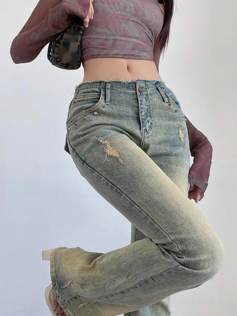 

WOMENGAGA American Style Rivets Worn High Waisted Flared Jeans For Women Bell Bottoms Trousers Fashion Women 2023 New 701O